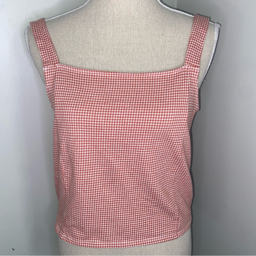 American Eagle knit gingham checked coral pink sleeveless tank top size Large